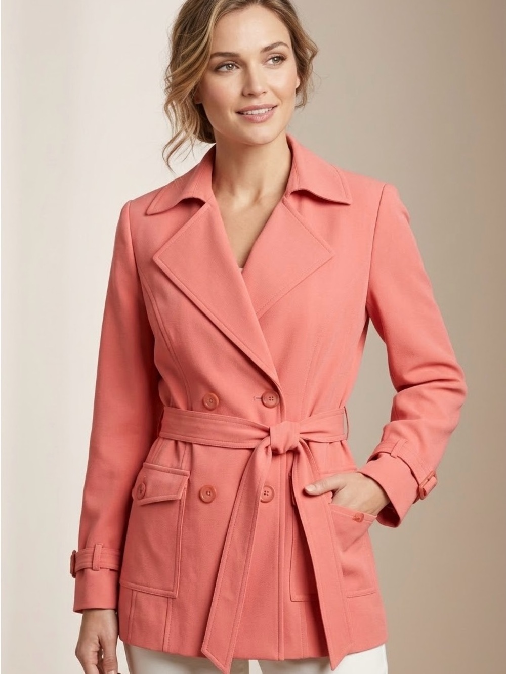 Amanda Smith Coral Double-Breasted Belted Trench Jacket